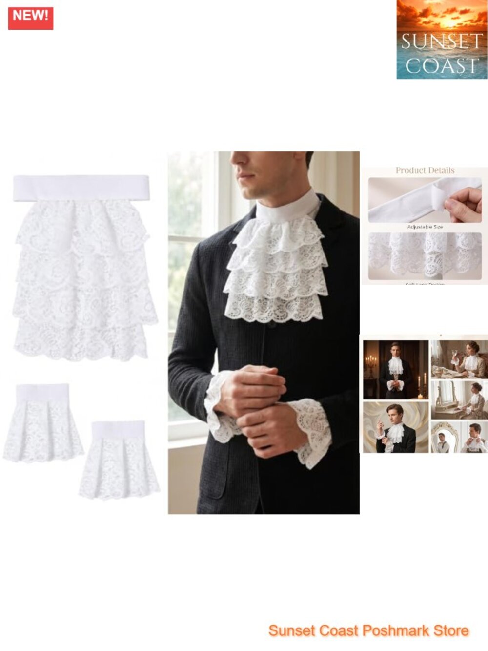 Victorian Lace Jabot and Cuffs Set 4 Layer Ruffle Collar Costume Accessory